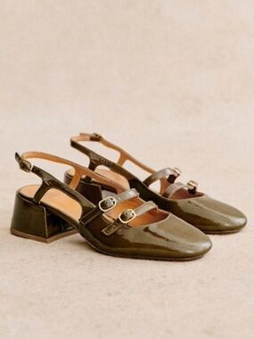 Sezane Olive Patent Leather Mary Jane Slingback Heels, EU 38, US 7.5